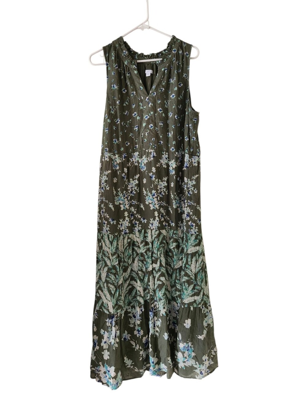 J Jill Olive Green Floral Tiered Maxi Dress